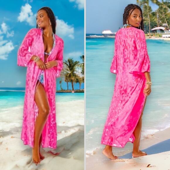 NWT LILLY PULITZER COVERUP SWIM MOTLEY MAXI AURA PINK POLY CREPE SWIFT CLIP - Picture 1 of 9